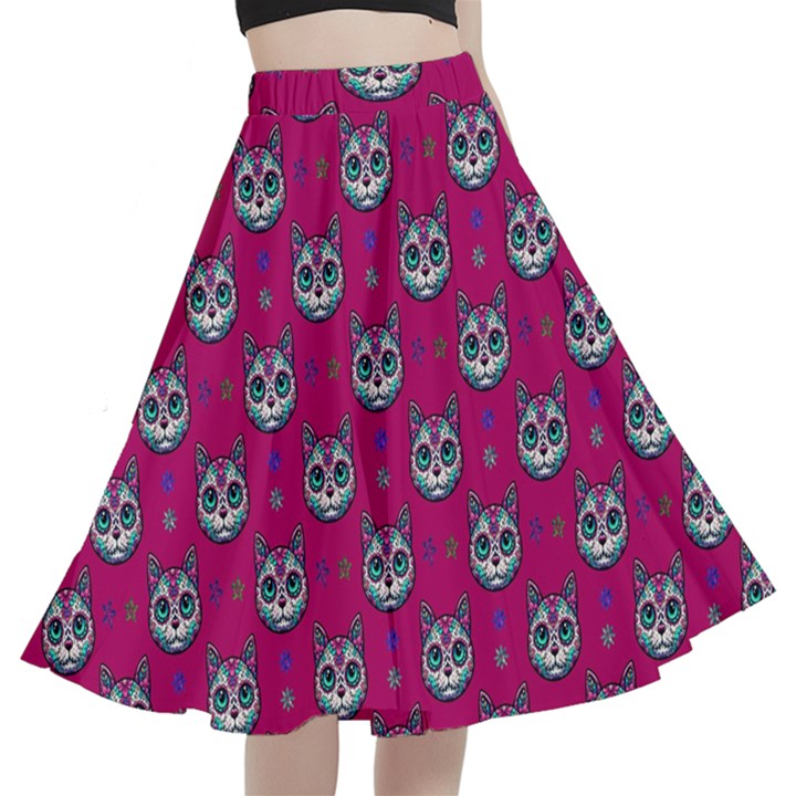 Calavera Cat Art Pattern A-Line Full Circle Midi Skirt With Pocket