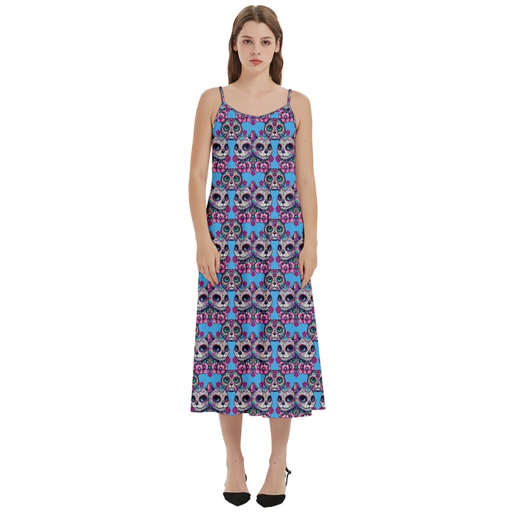 Colorful Sugar Skull Cat Pattern Casual Spaghetti Strap Midi Dress