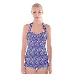 Colorful Sugar Skull Cat Pattern Boyleg Halter Swimsuit 