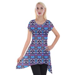 Colorful Sugar Skull Cat Pattern Short Sleeve Side Drop Tunic