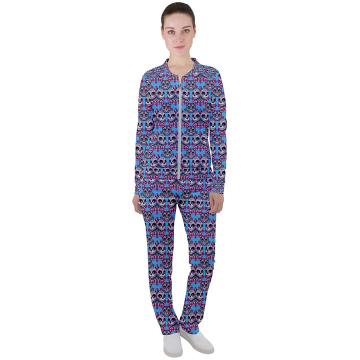 Colorful Sugar Skull Cat Pattern Casual Jacket and Pants Set