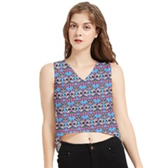 Colorful Sugar Skull Cat Pattern V-neck Cropped Tank Top by ExtraGoodSauce