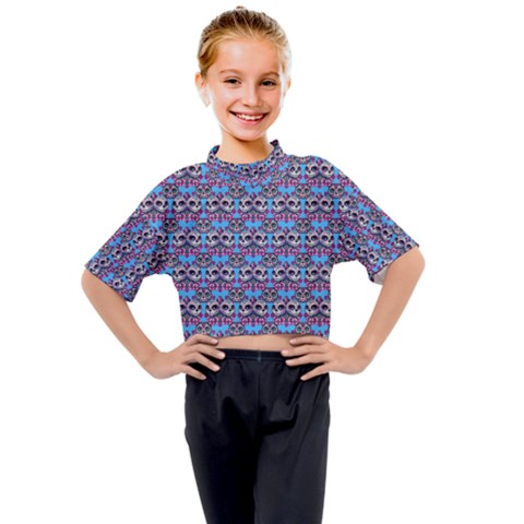 Colorful Sugar Skull Cat Pattern Kids Mock Neck T-shirt by ExtraGoodSauce