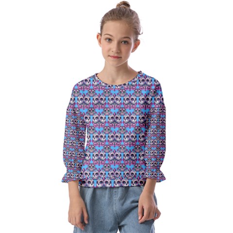 Colorful Sugar Skull Cat Pattern Kids  Cuff Sleeve Top by ExtraGoodSauce