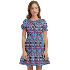 Colorful Sugar Skull Cat Pattern Kids  Puff Sleeved Dress by ExtraAwesomeSauce