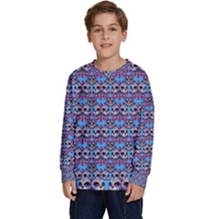 Colorful Sugar Skull Cat Pattern Kids  Crewneck Sweatshirt by ExtraGoodSauce