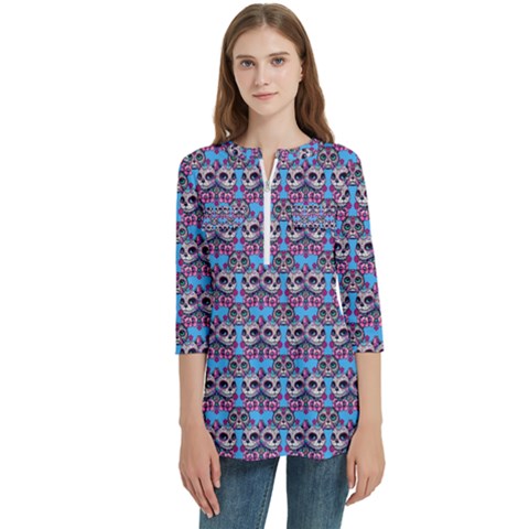 Colorful Sugar Skull Cat Pattern Women s Zip Front V-neck 3/4 Sleeve Casual Top Pocket Shirt by ExtraGoodSauce