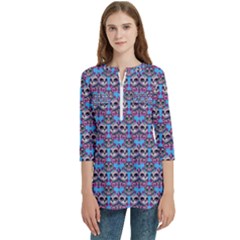 Colorful Sugar Skull Cat Pattern Women s Zip Front V-neck 3/4 Sleeve Casual Top Pocket Shirt