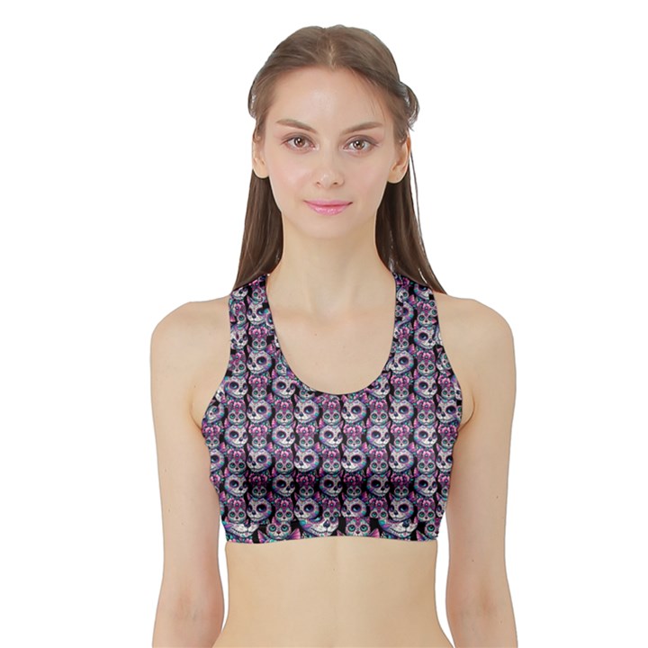 Sugar Skull Cat Pattern Sports Bra with Border