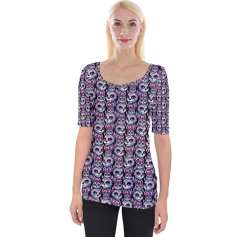 Sugar Skull Cat Pattern Wide Neckline T-shirt by ExtraGoodSauce