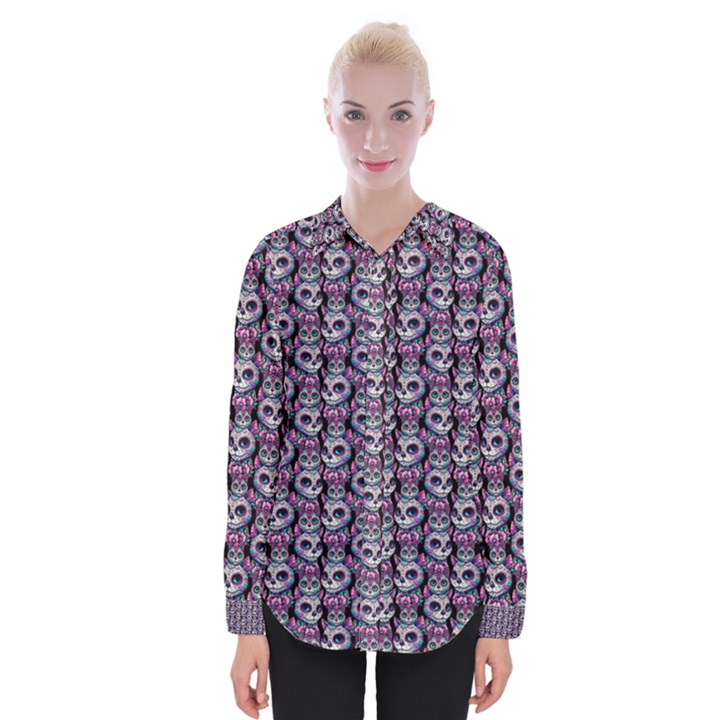 Sugar Skull Cat Pattern Womens Long Sleeve Shirt