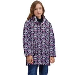 Sugar Skull Cat Pattern Kids  Hooded Longline Puffer Jacket by ExtraGoodSauce