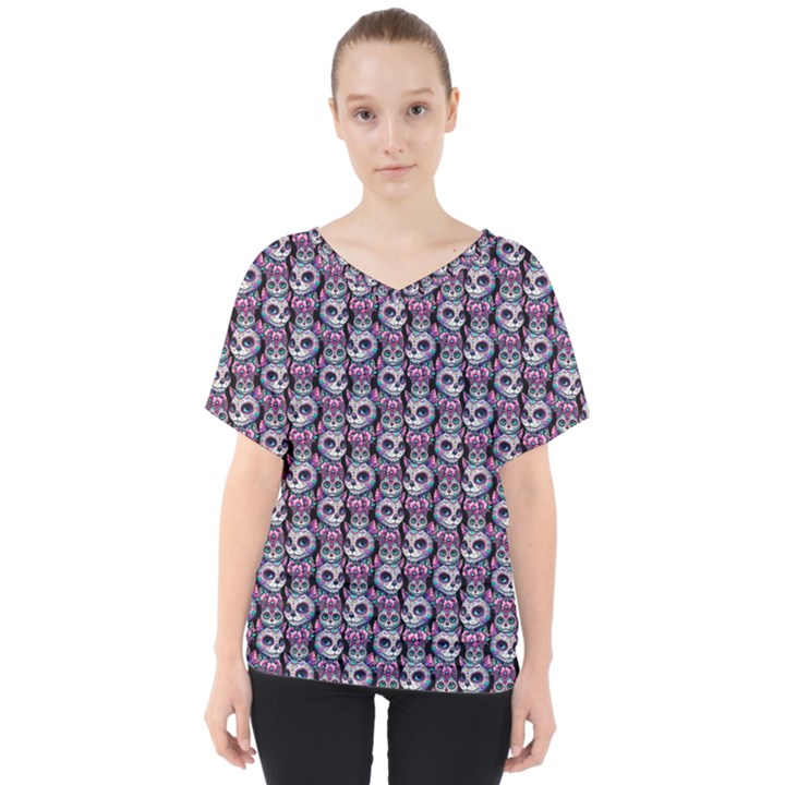 Sugar Skull Cat Pattern V-Neck Dolman Drape Top