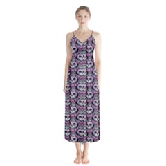 Sugar Skull Cat Pattern Button Up Chiffon Maxi Dress