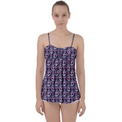 Sugar Skull Cat Pattern Babydoll Tankini Top