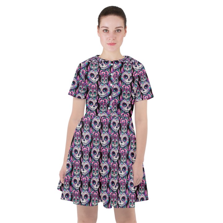 Sugar Skull Cat Pattern Sailor Dress