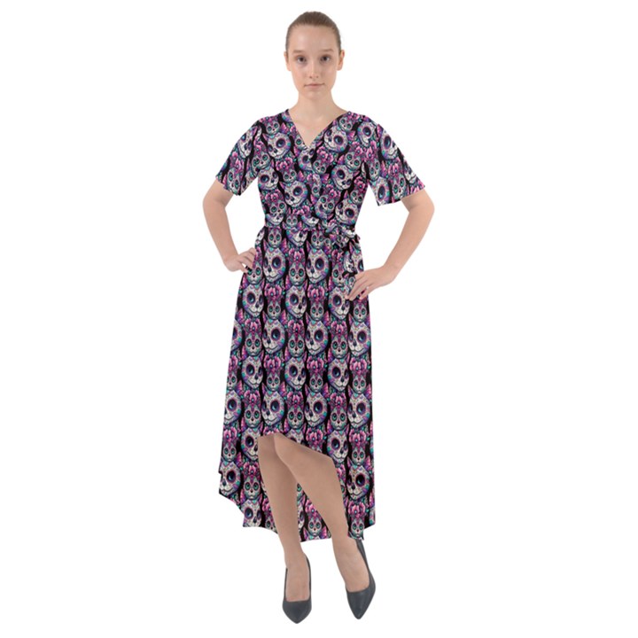 Sugar Skull Cat Pattern Front Wrap High Low Dress