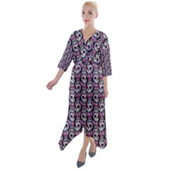 Sugar Skull Cat Pattern Quarter Sleeve Wrap Front Maxi Dress