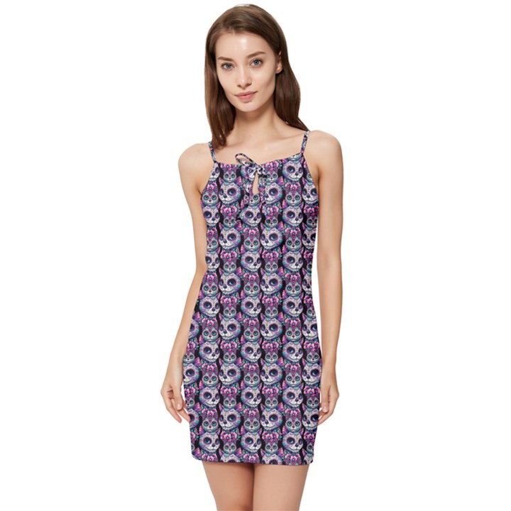 Sugar Skull Cat Pattern Summer Tie Front Dress