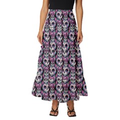 Sugar Skull Cat Pattern Tiered Ruffle Maxi Skirt