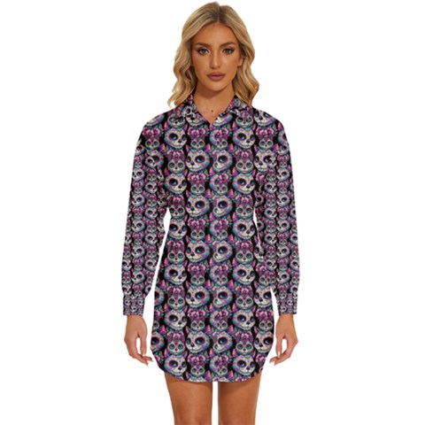 Sugar Skull Cat Pattern Womens Long Sleeve Shirt Dress by ExtraAwesomeSauce