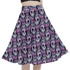 Sugar Skull Cat Pattern A-line Full Circle Midi Skirt With Pocket