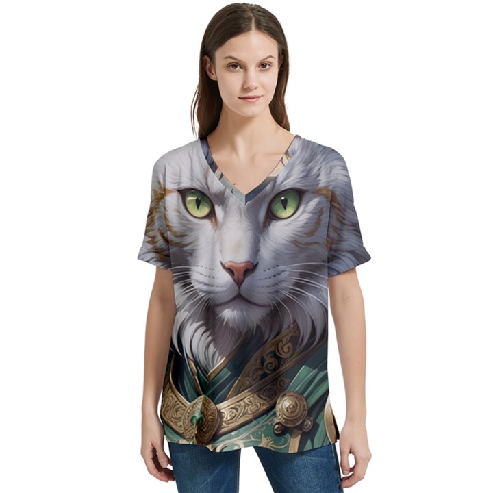 Epic Armored Cat Warrior V-Neck Split Shoulder Casual T-Shirt