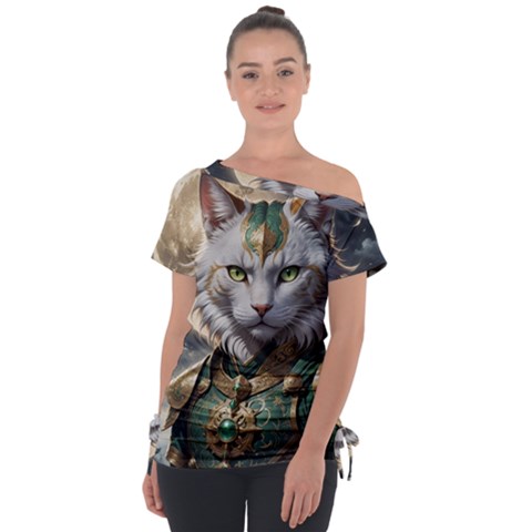 Epic Armored Cat Warrior Off Shoulder Tie-up T-shirt by ExtraGoodSauce