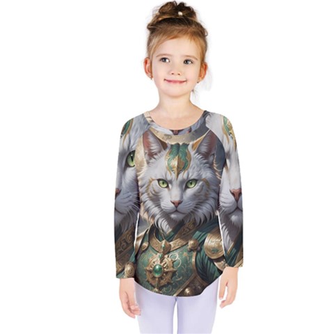 Epic Armored Cat Warrior Kids  Long Sleeve T-shirt by ExtraGoodSauce