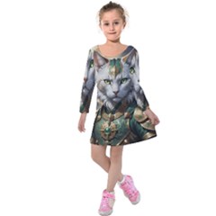 Epic Armored Cat Warrior Kids  Long Sleeve Velvet Dress by ExtraGoodSauce