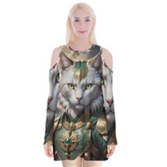 Epic Armored Cat Warrior Velvet Long Sleeve Shoulder Cutout Dress