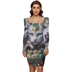 Epic Armored Cat Warrior Women Long Sleeve Ruched Stretch Jersey Dress