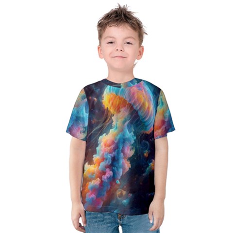 Cosmic Jellyfish Artwork Kids  Cotton T-shirt by ExtraGoodSauce