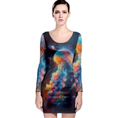 Cosmic Jellyfish Artwork Long Sleeve Bodycon Dress by ExtraGoodSauce