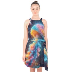 Cosmic Jellyfish Artwork Halter Collar Waist Tie Chiffon Dress by ExtraGoodSauce