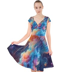 Cosmic Jellyfish Artwork Cap Sleeve Front Wrap Midi Dress by ExtraGoodSauce