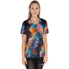 Cosmic Jellyfish Artwork Women s V-neck Scrub Top by ExtraGoodSauce