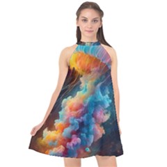 Cosmic Jellyfish Artwork Halter Neckline Chiffon Dress  by ExtraGoodSauce