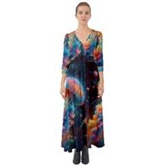 Cosmic Jellyfish Artwork Button Up Boho Maxi Dress by ExtraGoodSauce