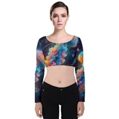 Cosmic Jellyfish Artwork Velvet Long Sleeve Crop Top by ExtraGoodSauce