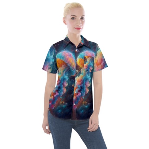 Cosmic Jellyfish Artwork Women s Short Sleeve Pocket Shirt by ExtraGoodSauce