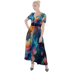 Cosmic Jellyfish Artwork Button Up Short Sleeve Maxi Dress