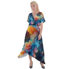 Cosmic Jellyfish Artwork Cross Front Sharkbite Hem Maxi Dress