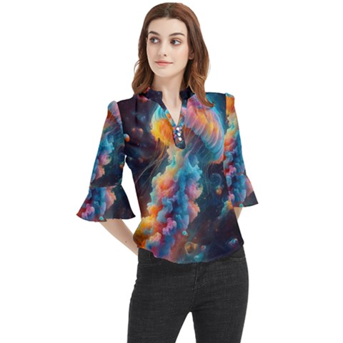 Cosmic Jellyfish Artwork Loose Horn Sleeve Chiffon Blouse by ExtraGoodSauce