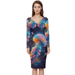 Cosmic Jellyfish Artwork Long Sleeve V-neck Bodycon Dress  by ExtraGoodSauce