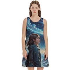 Enchanting Fantasy Night Sky Scene Round Neck Sleeve Casual Dress With Pockets by ExtraGoodSauce