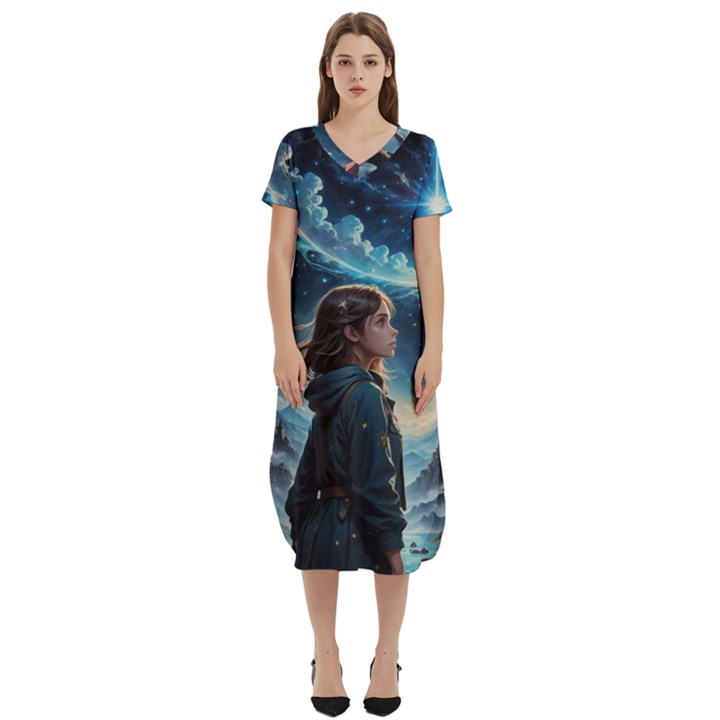 Enchanting Fantasy Night Sky Scene T-Shirt Midi Dress With Pockets