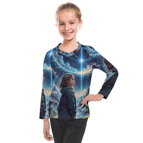 Enchanting Fantasy Night Sky Scene Kids  Long Mesh T-shirt by ExtraGoodSauce