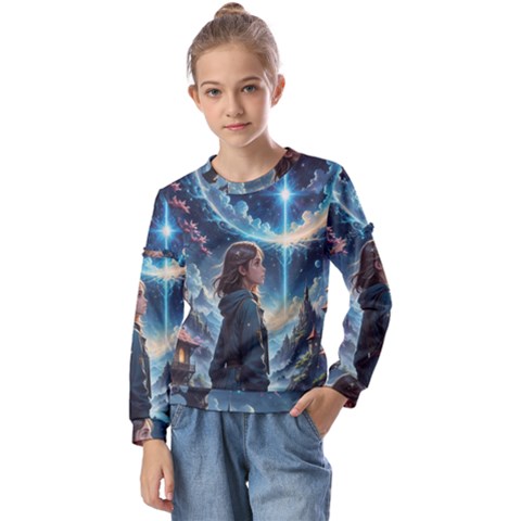 Enchanting Fantasy Night Sky Scene Kids  Long Sleeve T-shirt With Frill  by ExtraGoodSauce