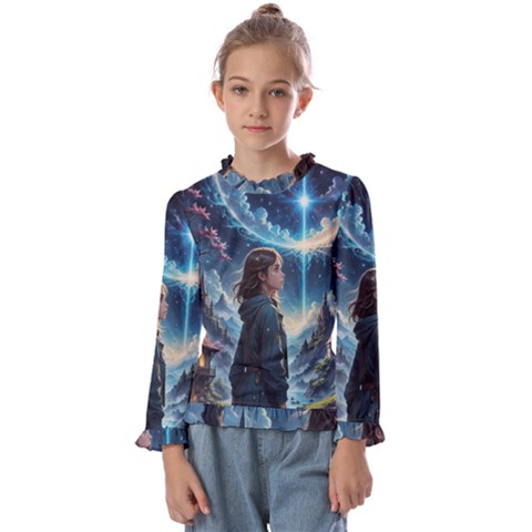 Enchanting Fantasy Night Sky Scene Kids  Frill Detail T-shirt by ExtraGoodSauce